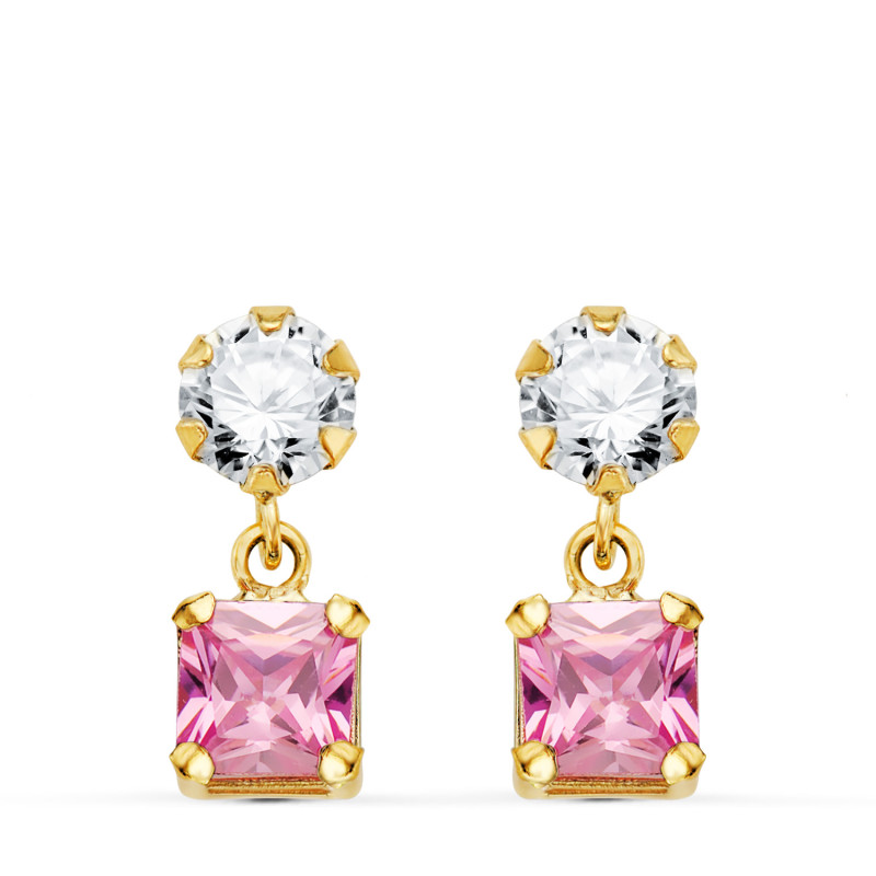 18K PENDIENTES ORO AMARILLO DOS CUERPOS CON CIRCONITA Y PIEDRA ROSA CUADRADA 14 X 5MM. CIERRE PRESION
