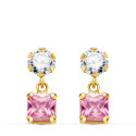 18K PENDIENTES ORO AMARILLO DOS CUERPOS CON CIRCONITA Y PIEDRA ROSA CUADRADA 14 X 5MM. CIERRE PRESION