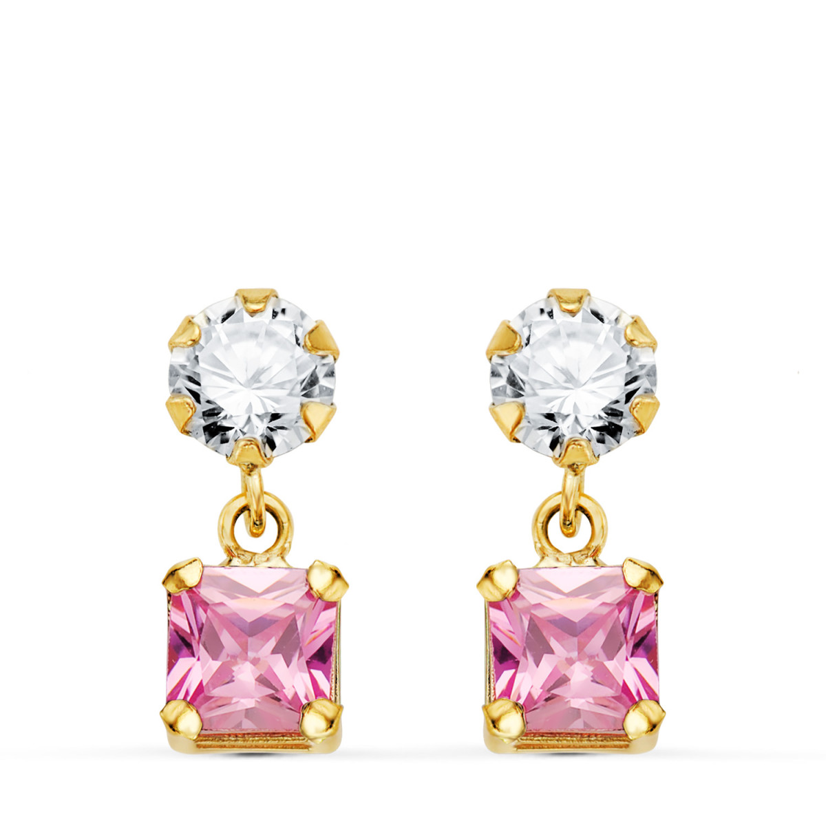 18K PENDIENTES ORO AMARILLO DOS CUERPOS CON CIRCONITA Y PIEDRA ROSA CUADRADA 14 X 5MM. CIERRE PRESION