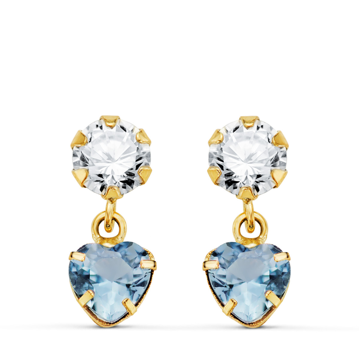 18K PENDIENTES ORO AMARILLO DOS CUERPOS CON CIRCONITA Y AGUAMARINA CORAZON 14 X 5MM. CIERRE PRESION