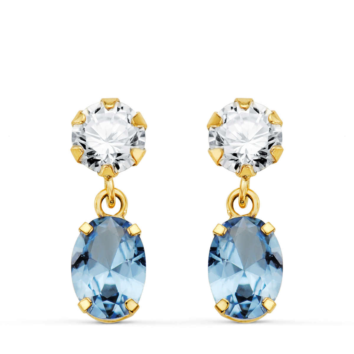 18K PENDIENTES ORO AMARILLO DOS CUERPOS CON CIRCONITA Y AGUAMARINA OVAL 16 X 5MM. CIERRE PRESION