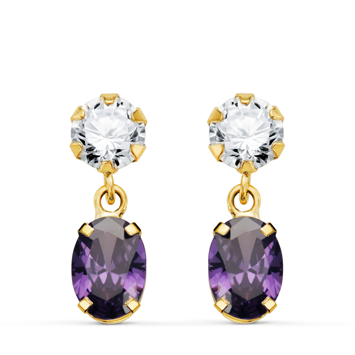 18K PENDIENTES ORO AMARILLO DOS CUERPOS CON CIRCONITA Y AMATISTA OVAL 16 X 5MM. CIERRE PRESION