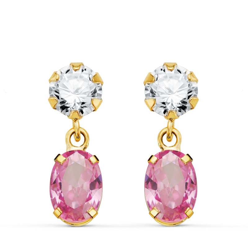 18K PENDIENTES ORO AMARILLO DOS CUERPOS CON CIRCONITA Y PIEDRA ROSA OVAL 16 X 5MM. CIERRE PRESION
