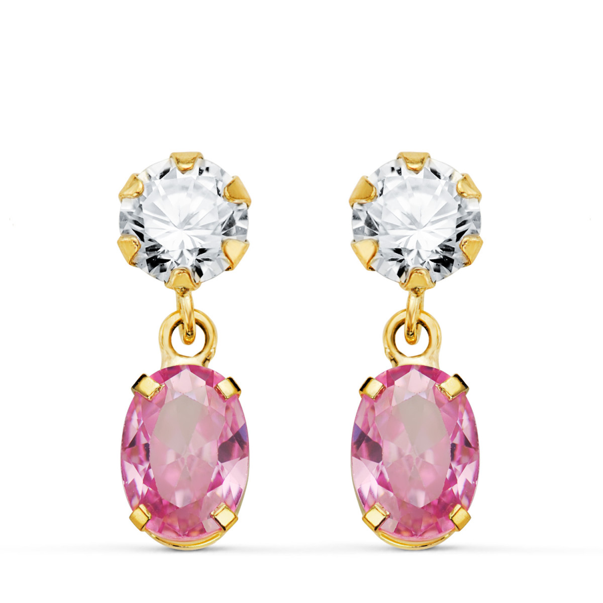 18K PENDIENTES ORO AMARILLO DOS CUERPOS CON CIRCONITA Y PIEDRA ROSA OVAL 16 X 5MM. CIERRE PRESION