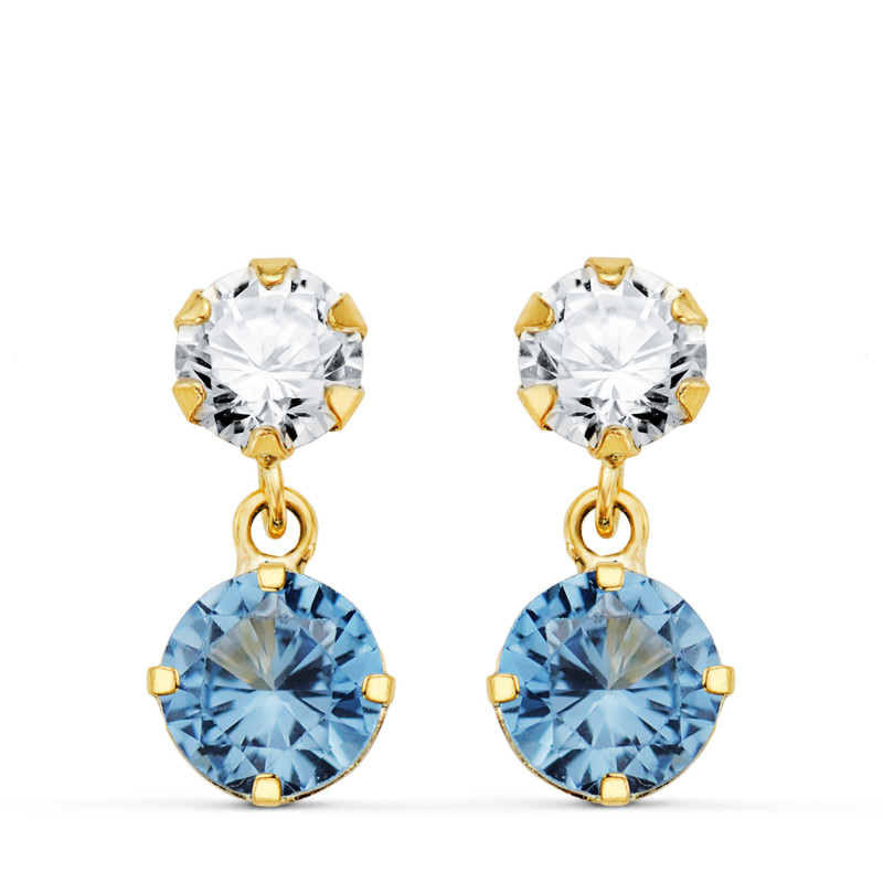 18K PENDIENTES ORO AMARILLO DOS CUERPOS CON CIRCONITA Y AGUAMARINA REDONDA 15 X 6MM. CIERRE PRESION