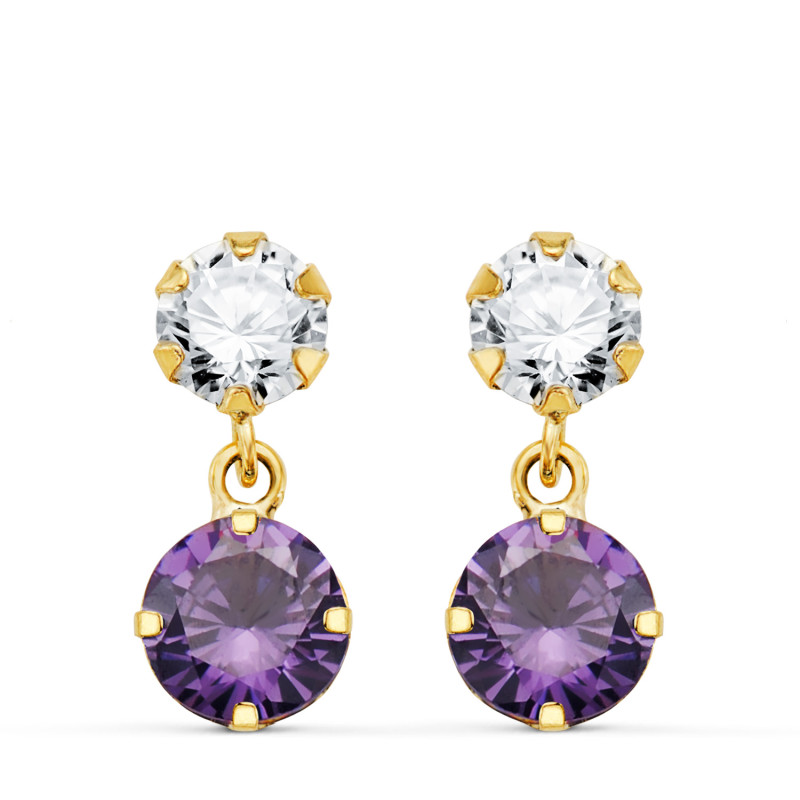 18K PENDIENTES ORO AMARILLO DOS CUERPOS CON CIRCONITA Y AMATISTA REDONDA 15 X 6 MM. CIERRE PRESION
