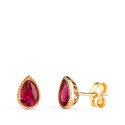 18K PENDIENTES ORO AMARILLO GOTA PIEDRA ROJA BORDES BOLITAS. MEDIDA: 7 X5 MM. CIERRE PRESION