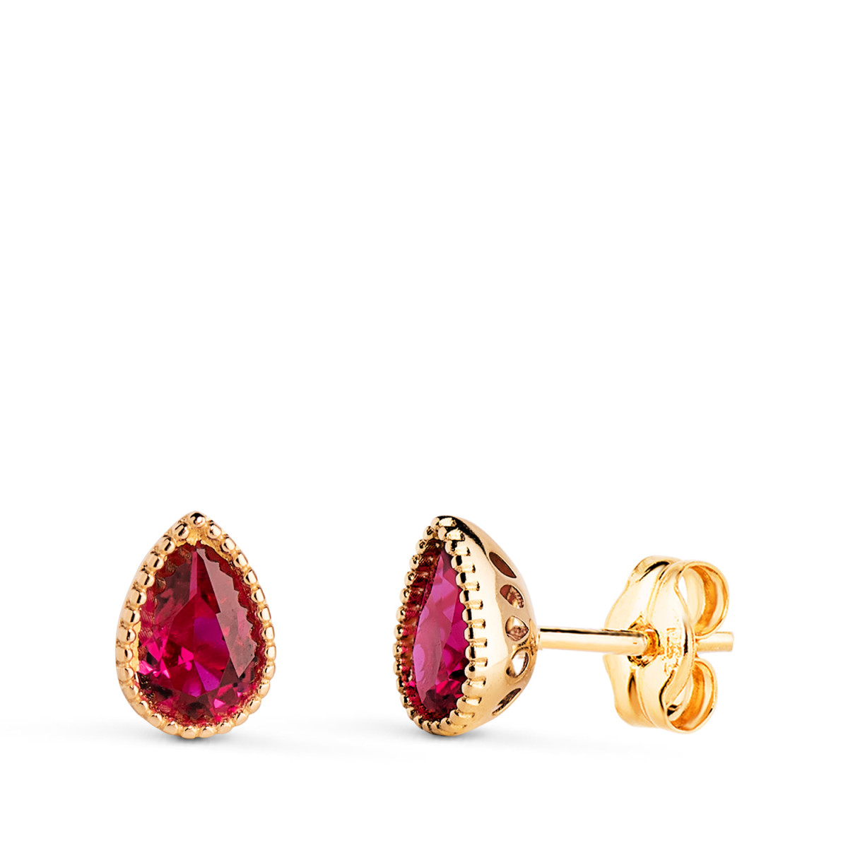 18K PENDIENTES ORO AMARILLO GOTA PIEDRA ROJA BORDES BOLITAS. MEDIDA: 7 X5 MM. CIERRE PRESION