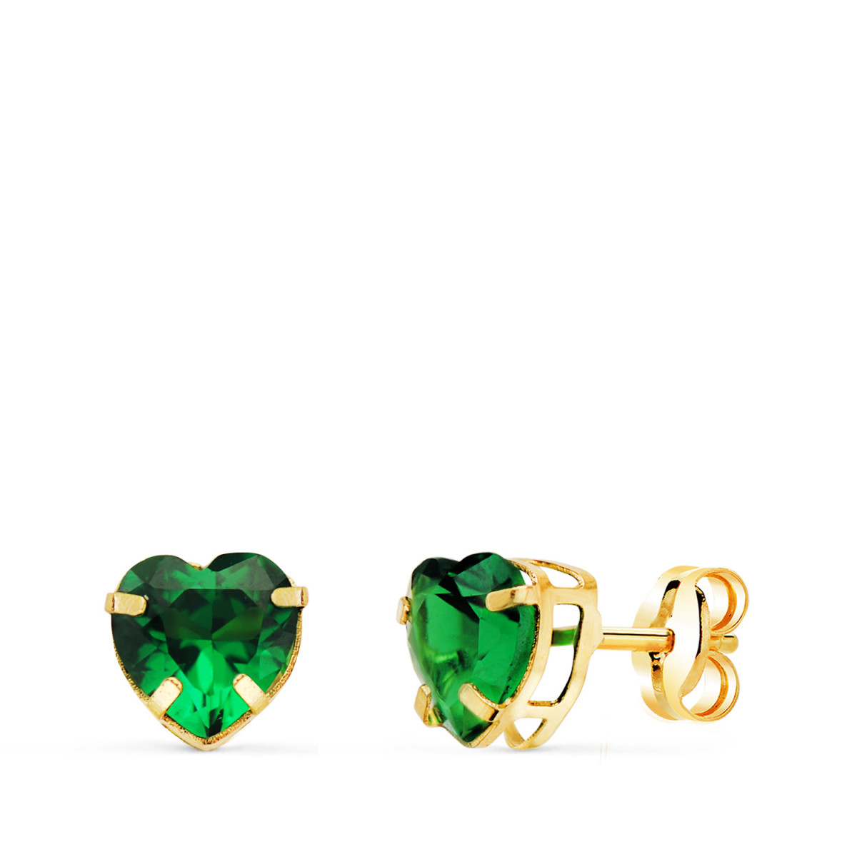 18K PENDIENTES ORO AMARILLO CORAZON PIEDRA COLOR VERDE 6 X 6 MM. CIERRE PRESION