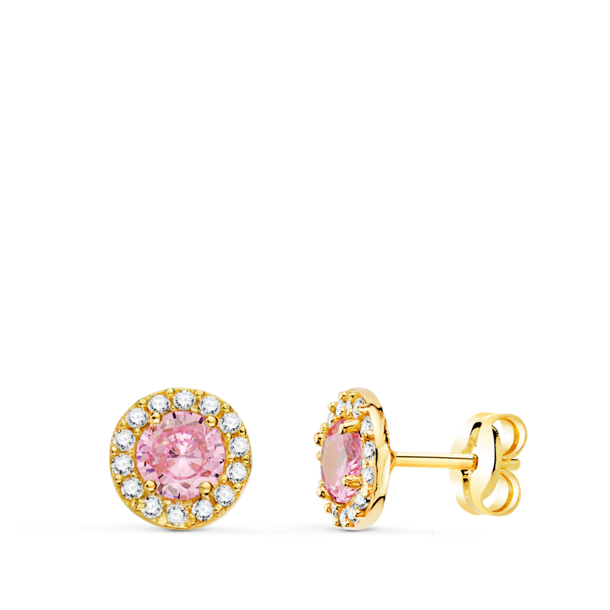 18K PENDIENTES ORO AMARILLO REDONDOS CIRCONITA Y PIEDRA ROSA 6,5 MM. CIERRE PRESION