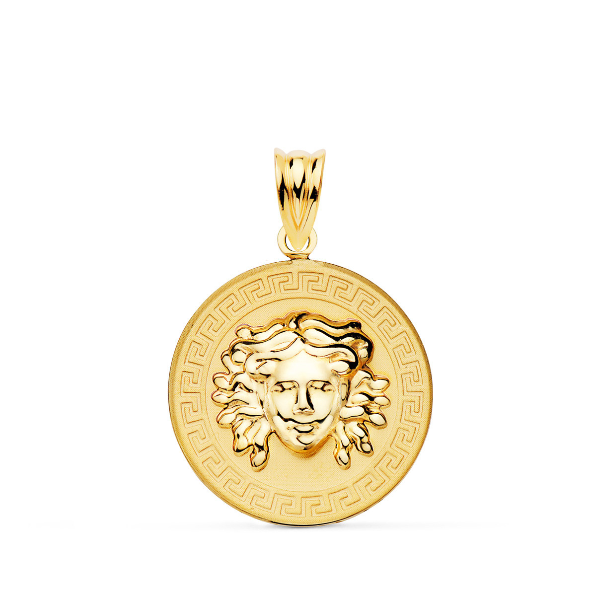 18K MEDALLA ORO AMARILLO MEDUSA EN BRILLO CON BORDE DE GRECA MATIZADA 20 MM