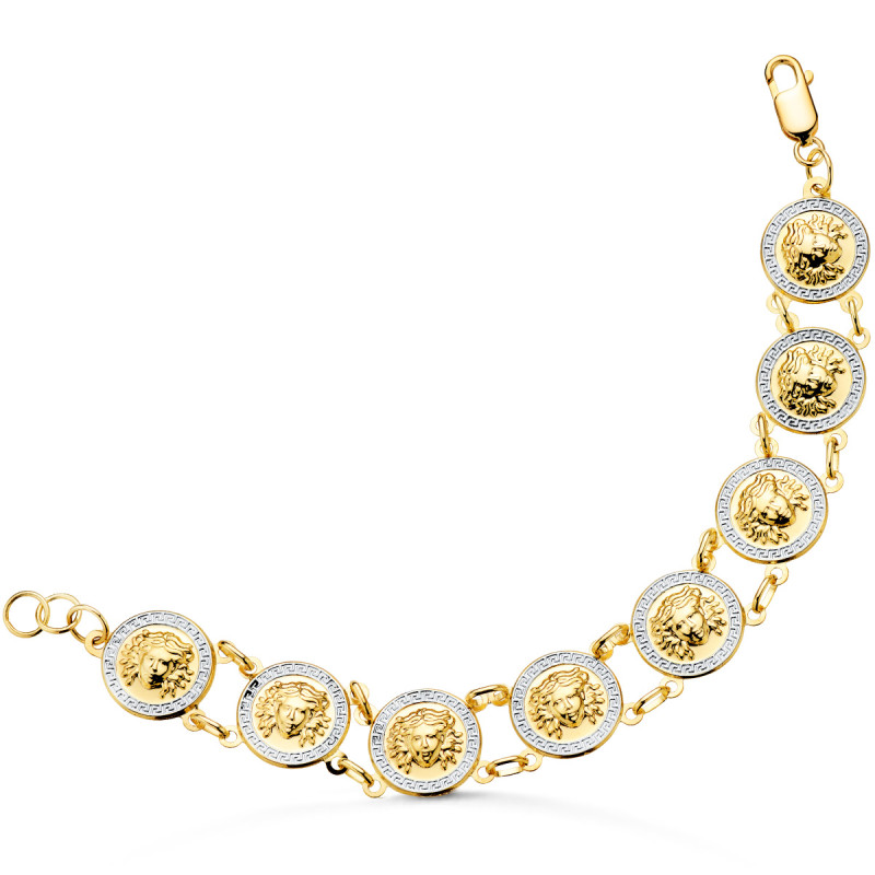 18K PULSERA ORO BICOLOR CON MEDUSAS REDONDAS EN BRILLO 15 MM LARGO 19CM