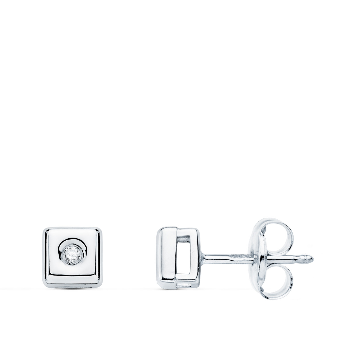 18K PENDIENTES CHATON ORO BLANCO CUADRADO DIAMANTES LABORATORIO  0,030 QTS. G-VS2 CIERRE PRESION 5 MM
