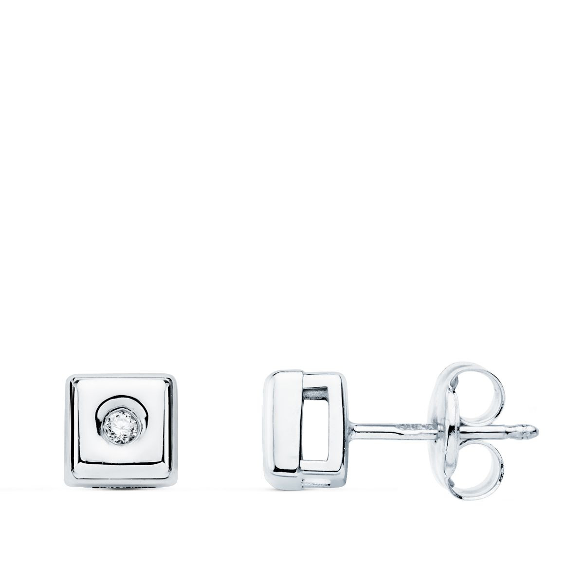 18K PENDIENTES CHATON CUADRADO ORO BLANCO DIAMANTES LABORATORIO 0,040 QTS. G-VS2 CIERRE PRESION 5,5 MM