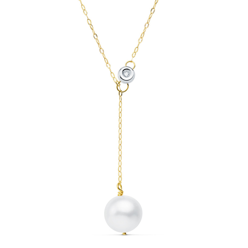 18K COLLAR ORO BICOLOR PERLA 12 MM CADENA 45CM CHATON 5MM. DIAMANTE LABORATORIO 0,020 QTS G-VS2. PERLA 11MM