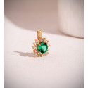 18K COLGANTE ORO AMARILLO 12 DIAMANTES DE LABORATORIO Y ESMERALDA RECRISTALIZADA 5 MM 0,48 QT 0,170 QTS. VS2-G. 13 X 9 MM