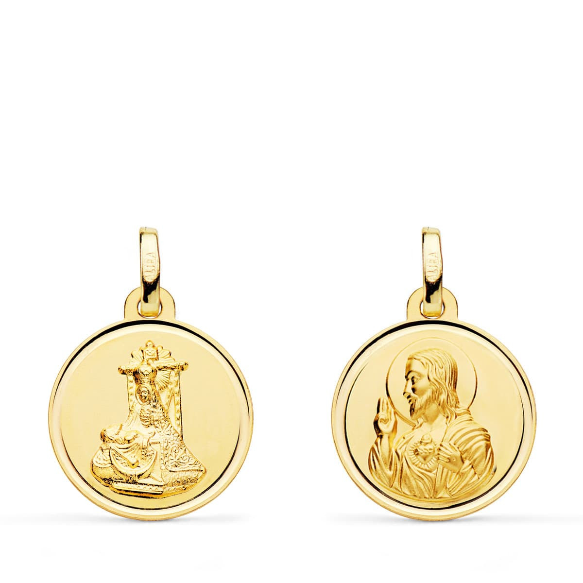 18K MEDALLA ORO AMARILLO ESCAPULARIO ORO AMARILLO VIRGEN DE LAS ANGUSTIAS Y CORAZON DE JESUS BISEL 16 MM