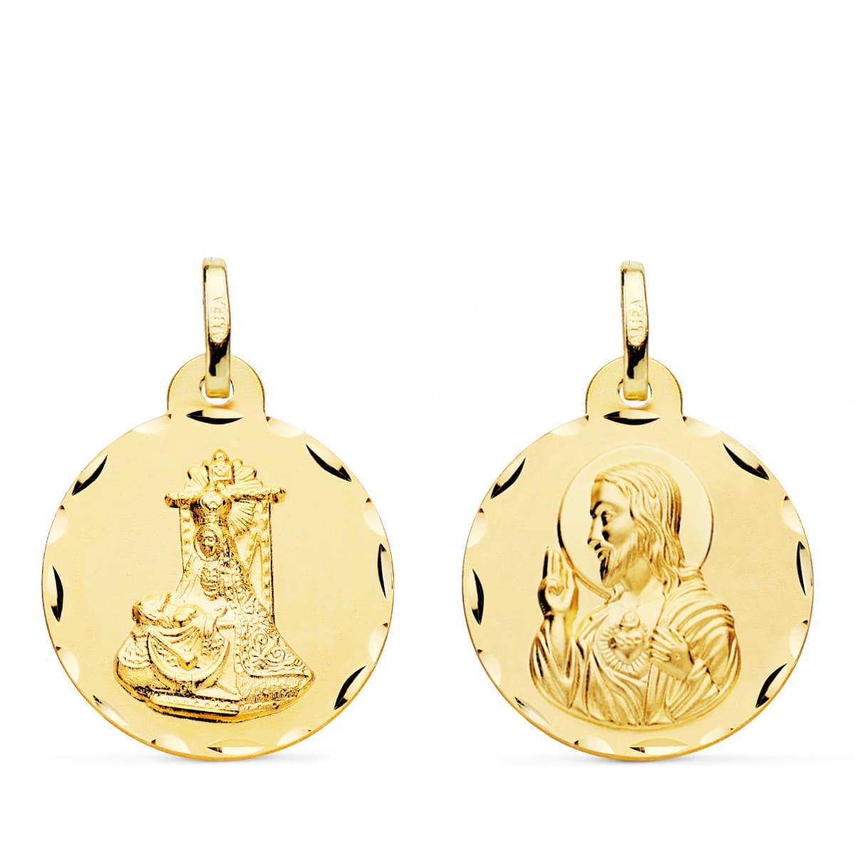 18K MEDALLA ORO AMARILLO ESCAPULARIO ORO AMARILLO VIRGEN DE LAS ANGUSTIAS Y CORAZON DE JESUS TALLADA 20 MM