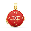 18K GUARDAPELO DIJE PORTAFOTOS COLGANTE ORO AMARILLO GUARDAPELO DIJE REDONDO ESMALTE ROJO DIAMANTE 0.035 QTES. 21 MM
