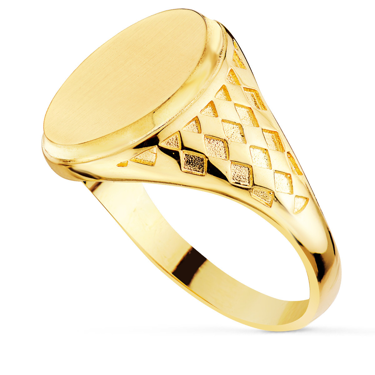 18K SELLO ORO AMARILLO CON TALLADOS LATERALES CABEZA OVAL MATIZADA 14X11 MM