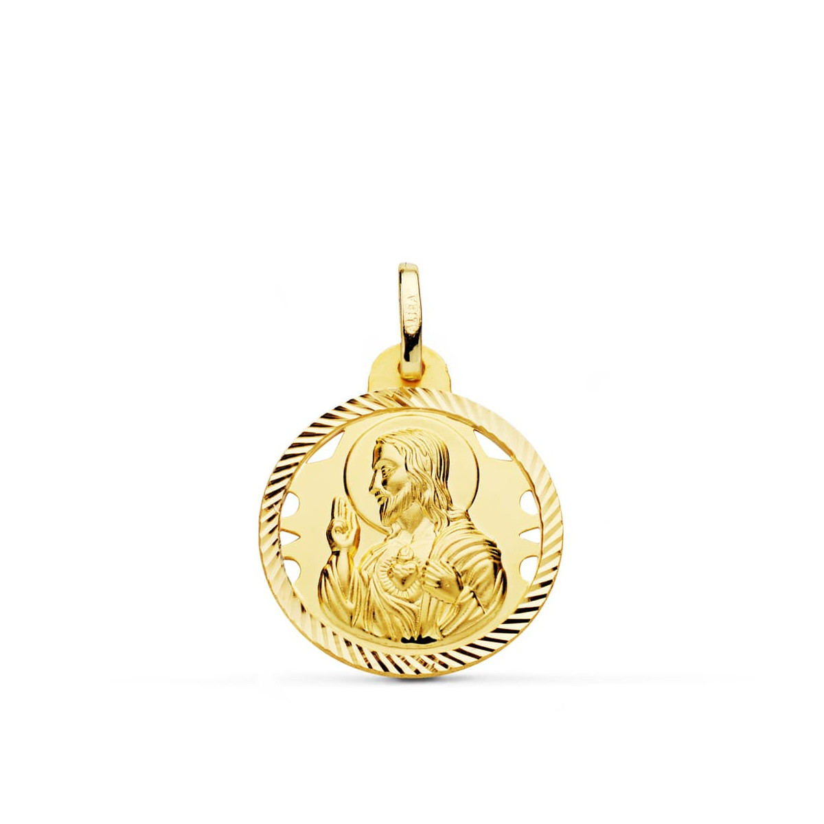 18K MEDALLA ORO AMARILLO CRISTO SAGRADO CORAZON DE JESUS HELICE CALADA 20 MM