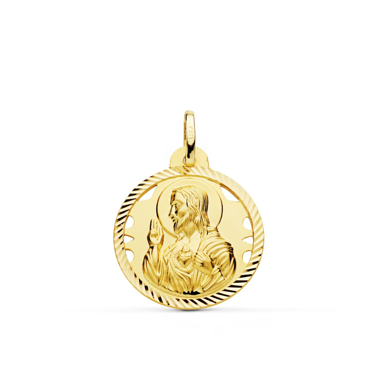 18K MEDALLA ORO AMARILLO CRISTO SAGRADO CORAZON DE JESUS HELICE CALADA 22 MM