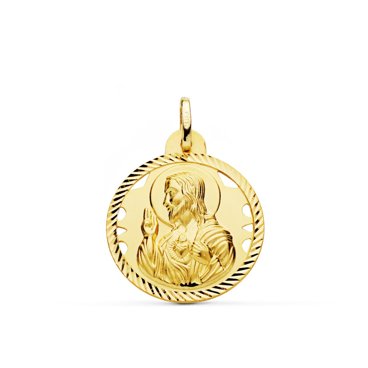18K MEDALLA ORO AMARILLO CRISTO SAGRADO CORAZON DE JESUS HELICE CALADA 24 MM