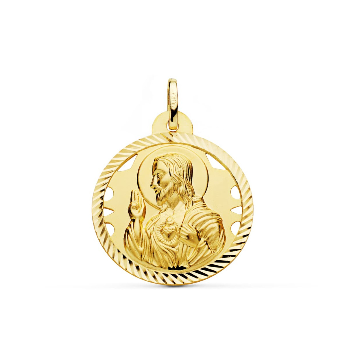 18K MEDALLA ORO AMARILLO CRISTO SAGRADO CORAZON DE JESUS HELICE CALADA 26 MM
