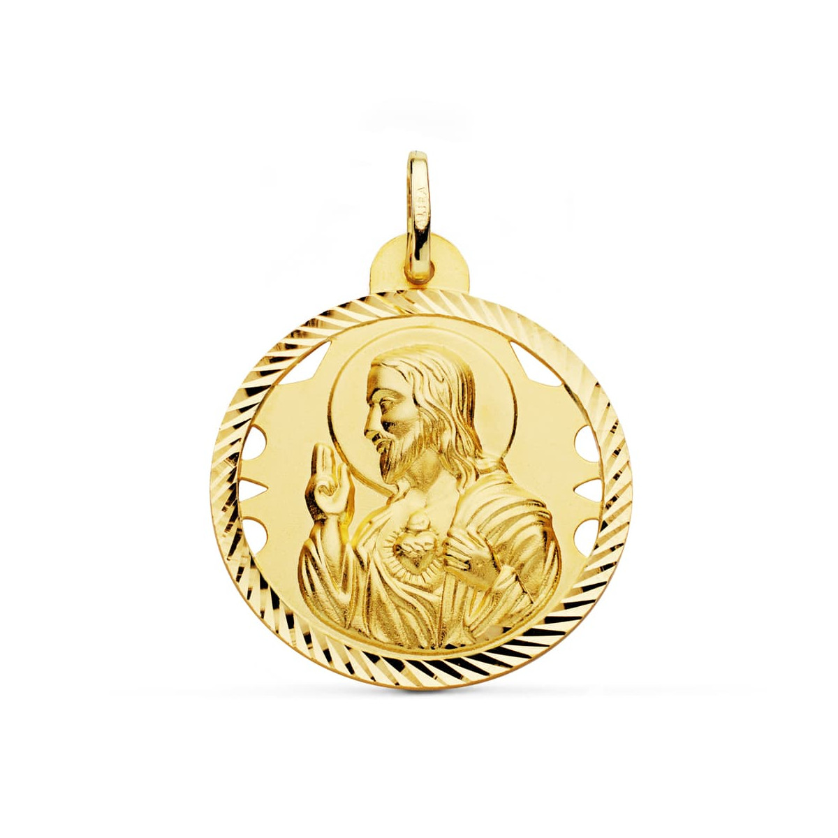 18K MEDALLA ORO AMARILLO CRISTO SAGRADO CORAZON DE JESUS CALADO CERCO HELICE TALLADO 28 MM