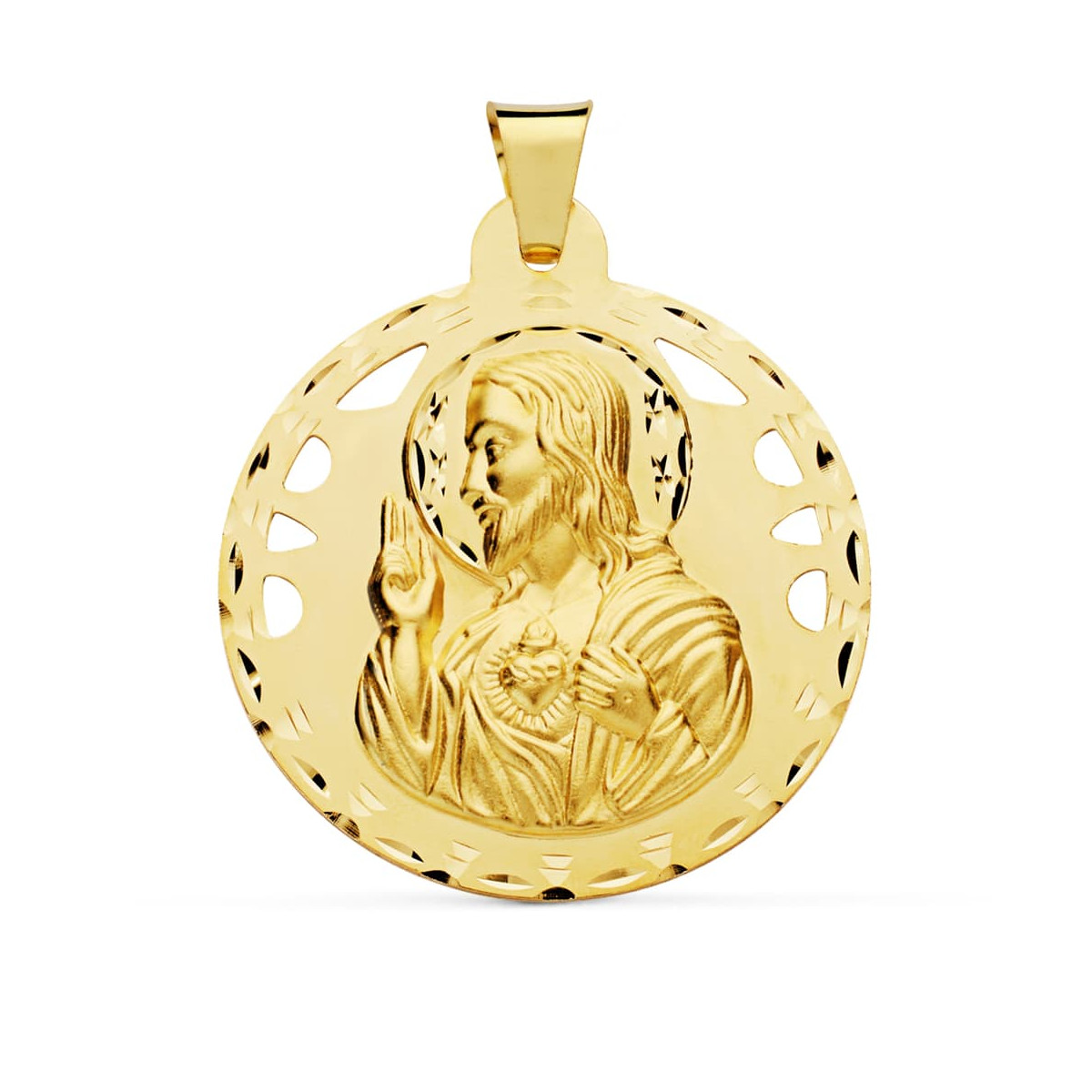 18K MEDALLA ORO AMARILLO CRISTO SAGRADO CORAZON DE JESUS CALADO Y TALLADO 42 MM