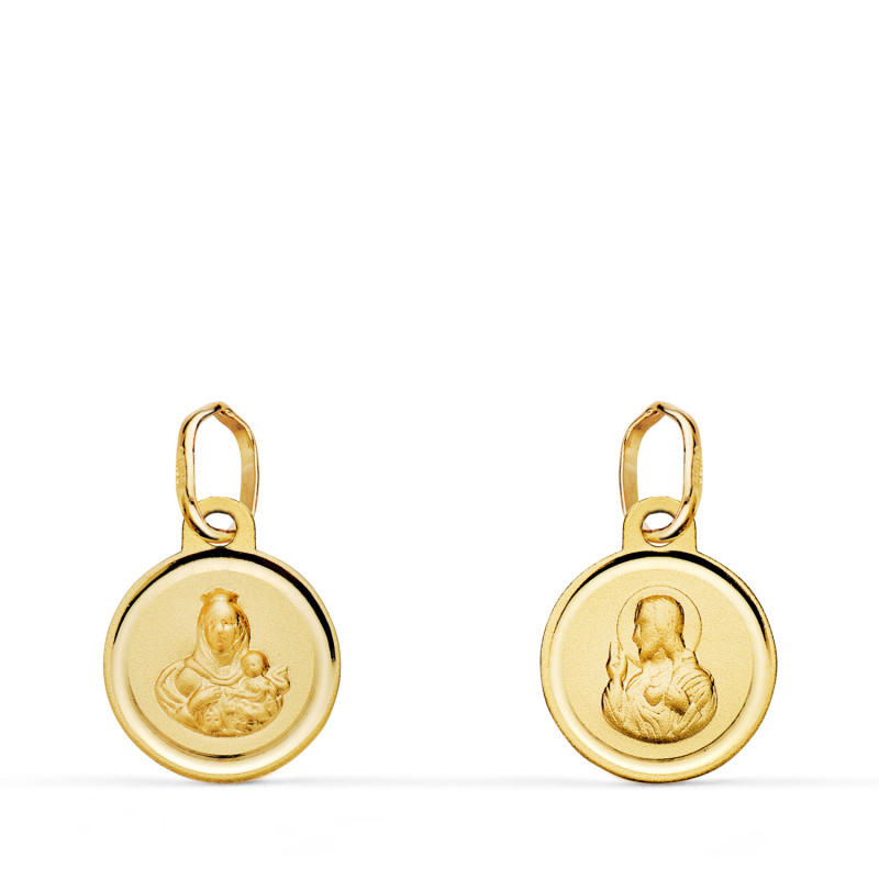 18K MEDALLA ESCAPULARIO ORO AMARILLO BISEL VIRGEN DEL CARMEN Y CORAZON DE JESUS 10 MM