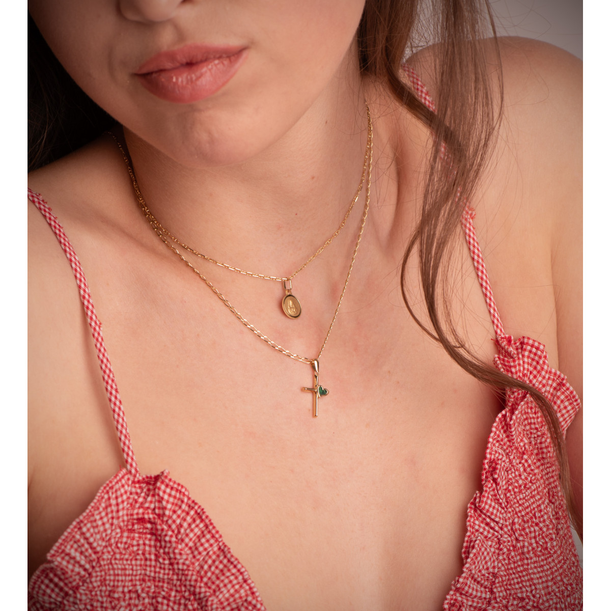 18K MEDALLA ESCAPULARIO ORO AMARILLO BISEL VIRGEN DEL CARMEN Y CORAZON DE JESUS 10 MM