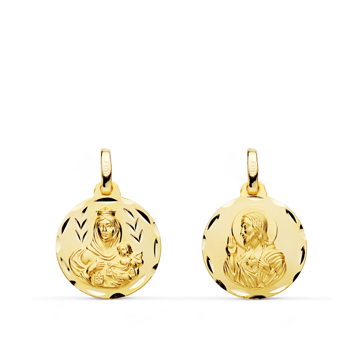 18K ESCAPULARIO ORO AMARILLO TALLADO VIRGEN DEL CARMEN CORAZON DE JESUS 16 MM