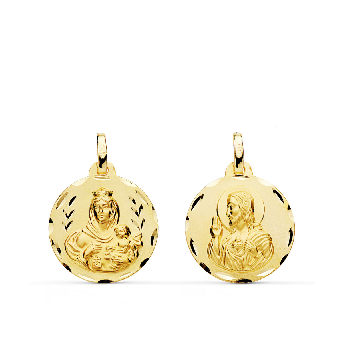 18K ESCAPULARIO ORO AMARILLO TALLADO VIRGEN DEL CARMEN CORAZON DE JESUS 18 MM
