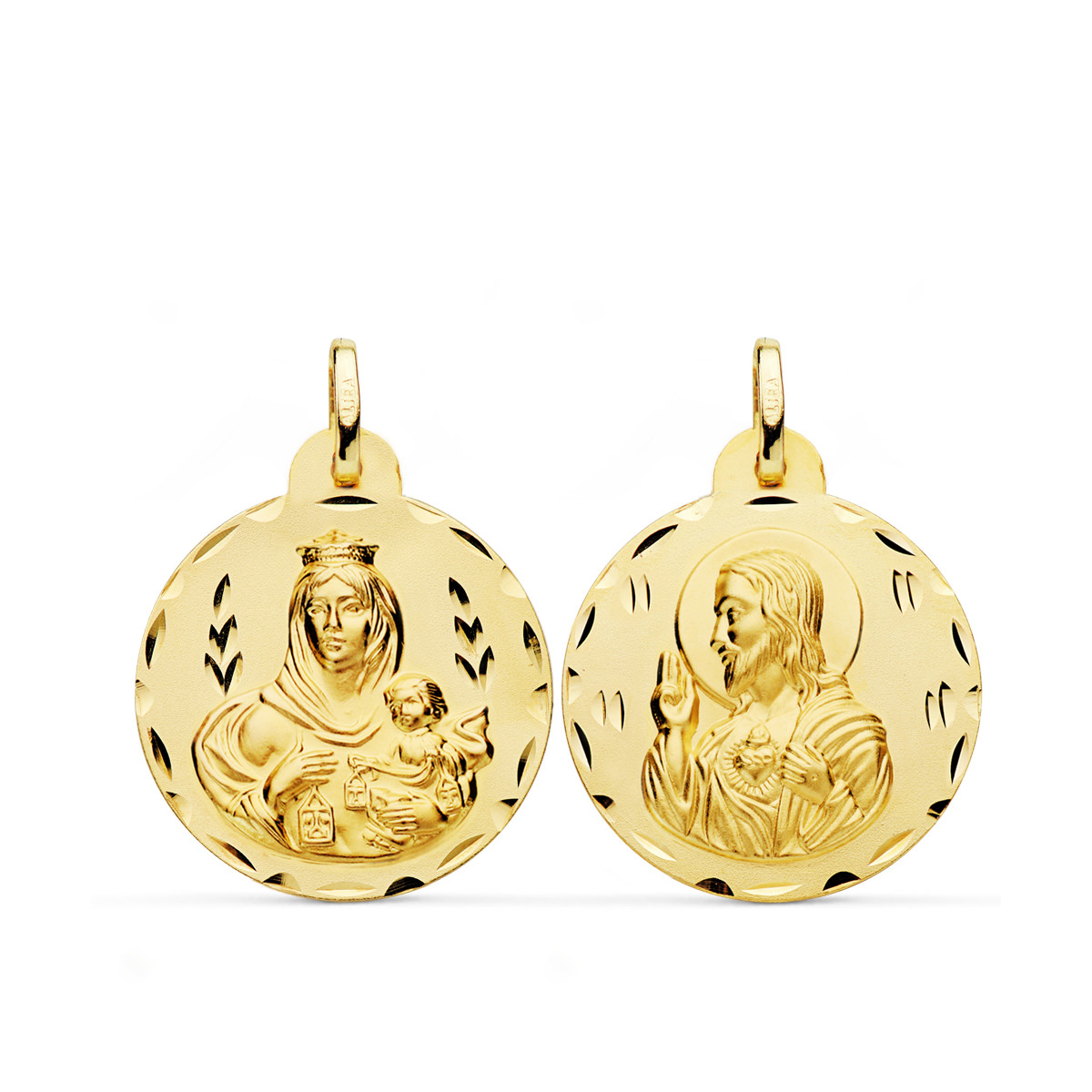 18K ESCAPULARIO ORO AMARILLO TALLADO VIRGEN DEL CARMEN Y CORAZON DE JESUS 24 MM