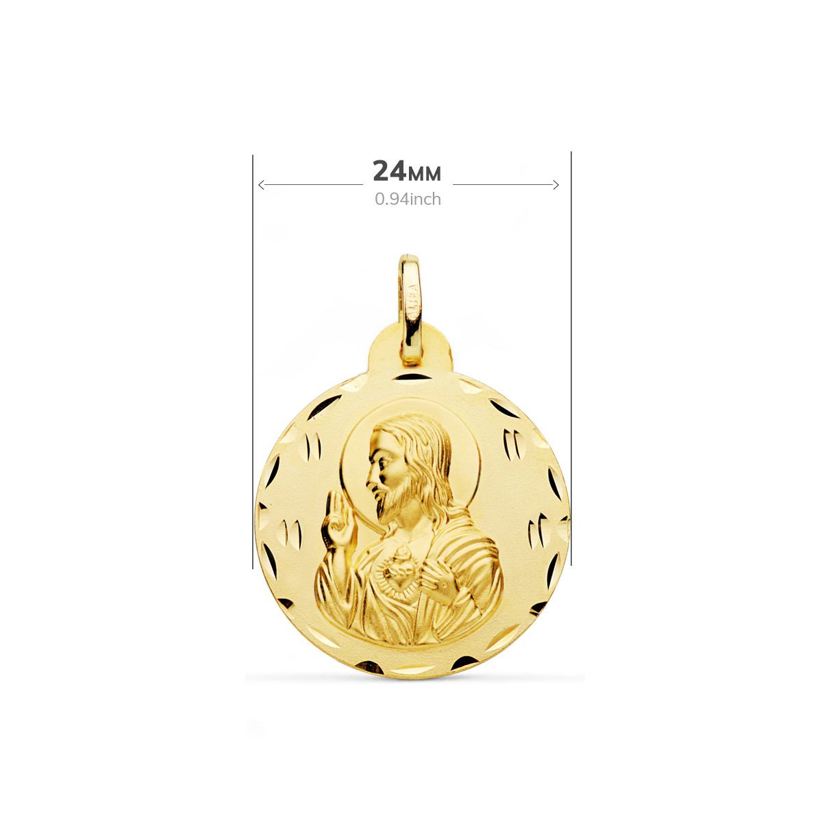 18K ESCAPULARIO ORO AMARILLO TALLADO VIRGEN DEL CARMEN Y CORAZON DE JESUS 24 MM