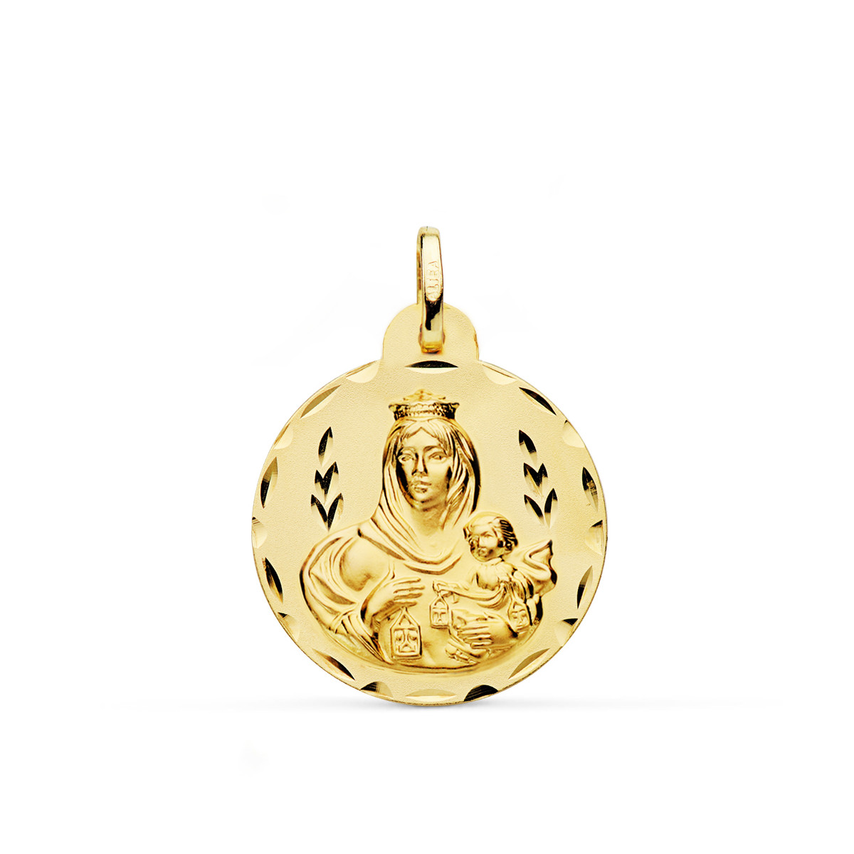 18K ESCAPULARIO ORO AMARILLO TALLADO VIRGEN DEL CARMEN Y CORAZON DE JESUS 24 MM