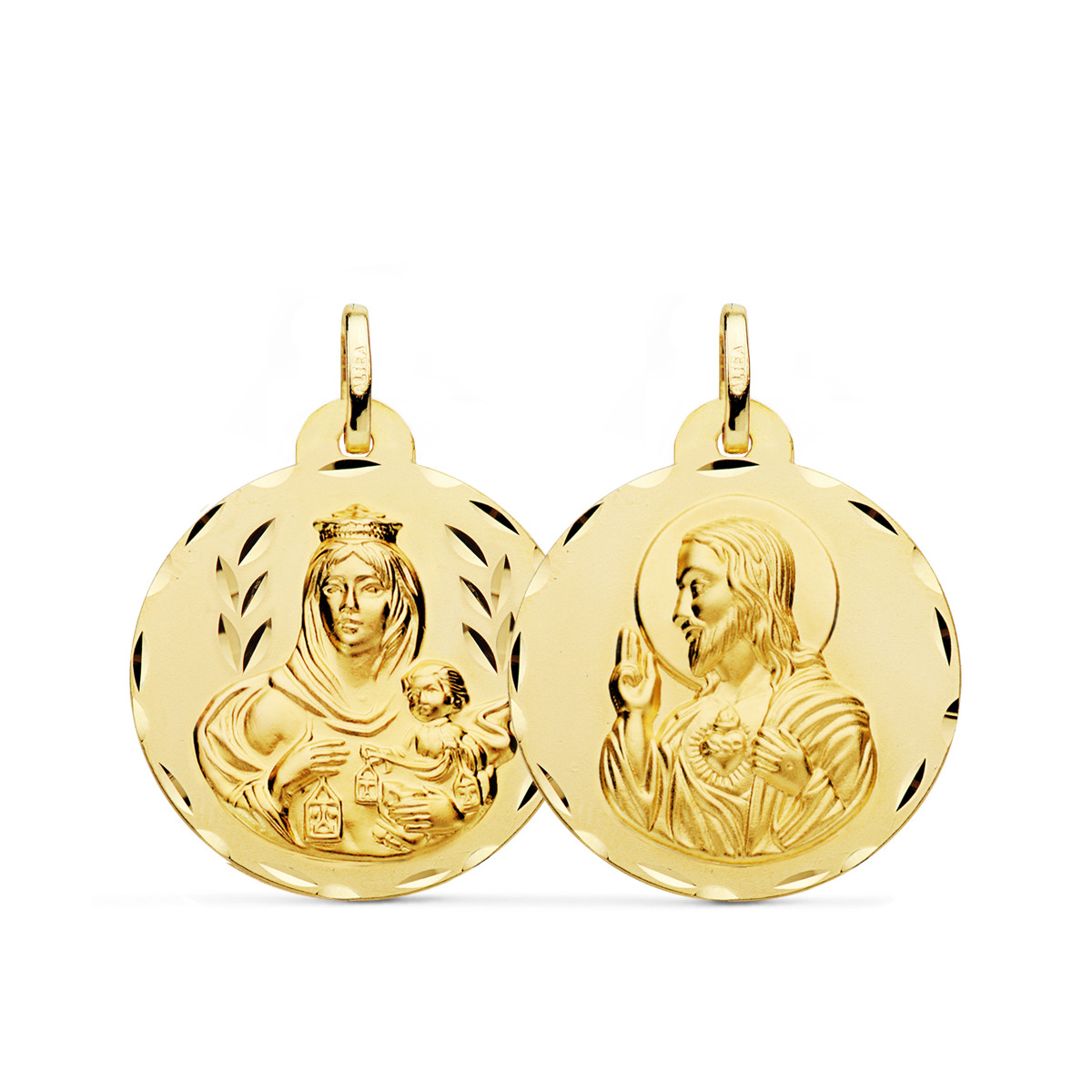 18K ESCAPULARIO ORO AMARILLO TALLADO VIRGEN DEL CARMEN Y CORAZON DE JESUS 26 MM