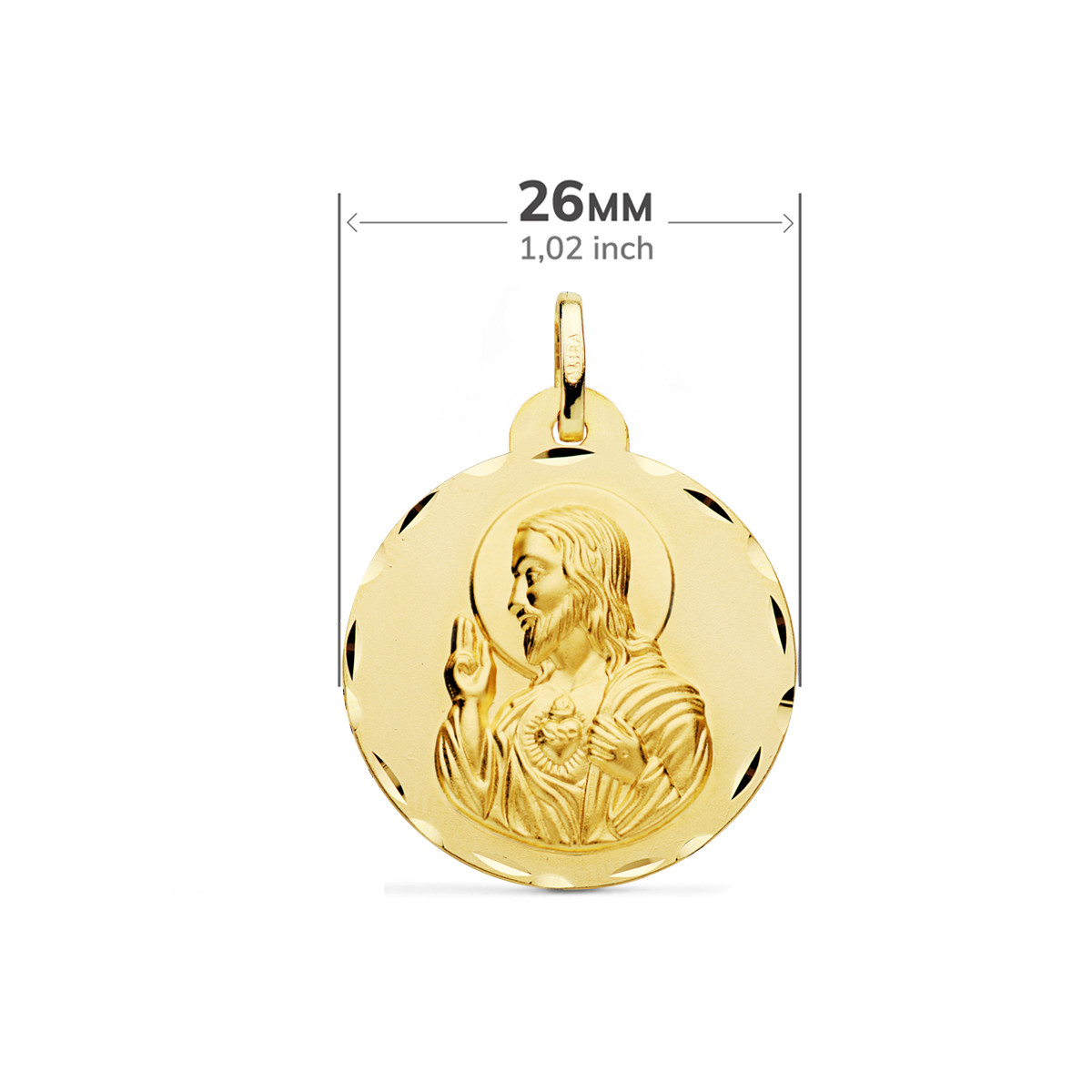18K ESCAPULARIO ORO AMARILLO TALLADO VIRGEN DEL CARMEN Y CORAZON DE JESUS 26 MM