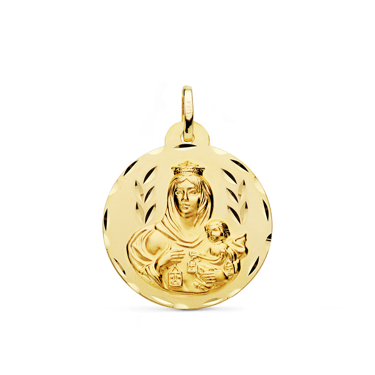 18K ESCAPULARIO ORO AMARILLO TALLADO VIRGEN DEL CARMEN Y CORAZON DE JESUS 26 MM