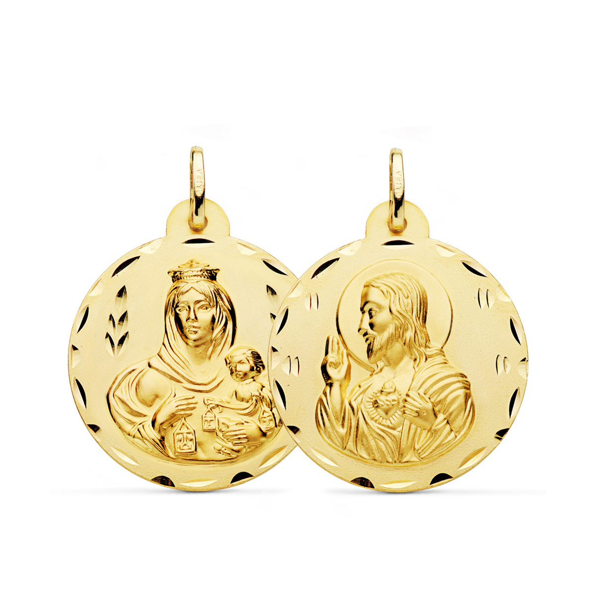 18K ESCAPULARIO ORO AMARILLO TALLADO VIRGEN DEL CARMEN Y CORAZON DE JESUS 28 MM