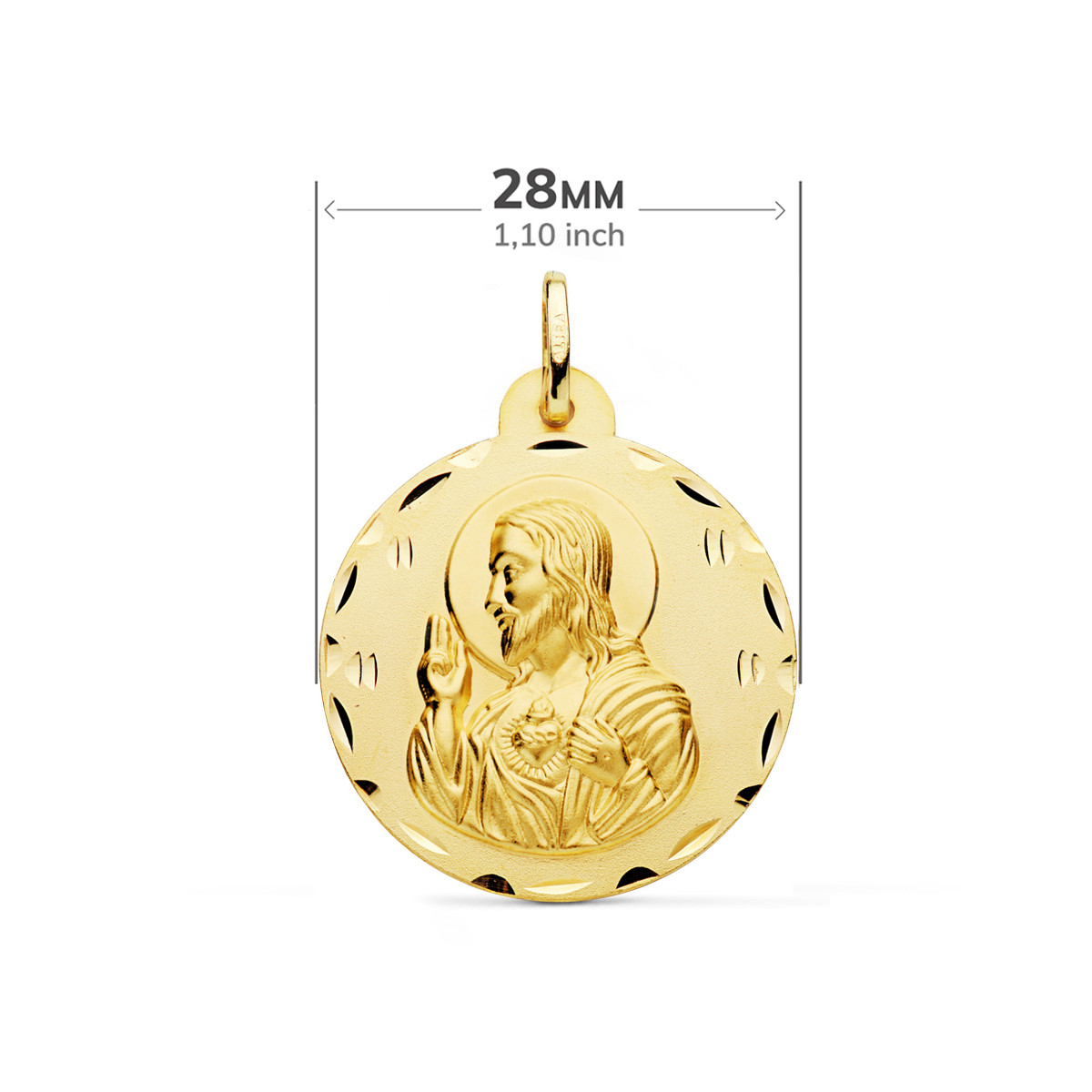 18K ESCAPULARIO ORO AMARILLO TALLADO VIRGEN DEL CARMEN Y CORAZON DE JESUS 28 MM