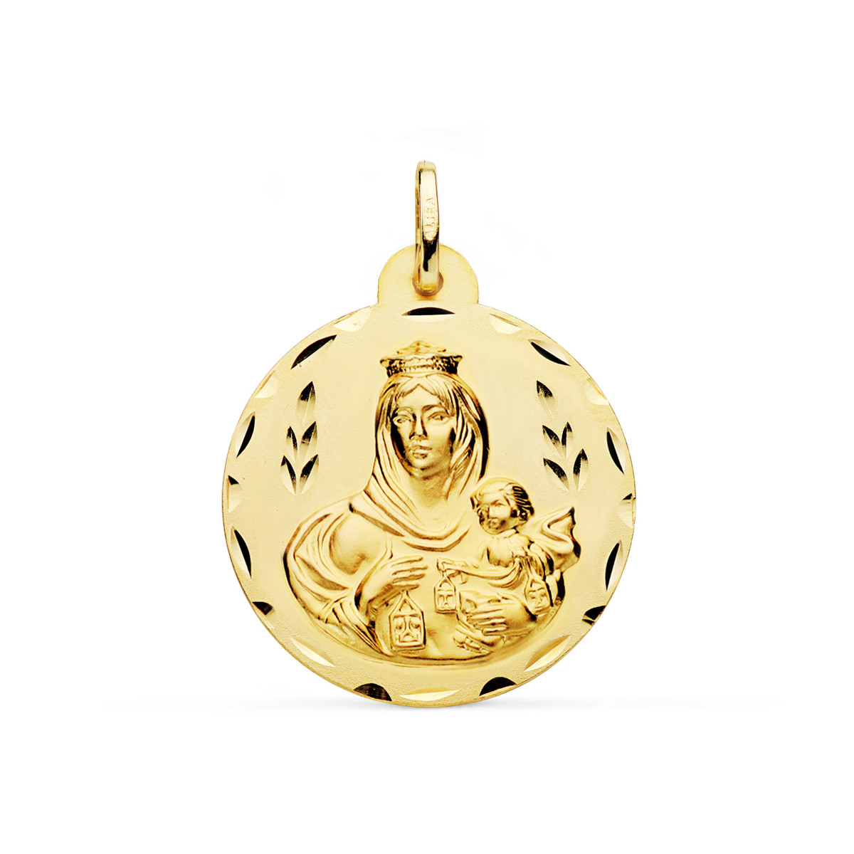 18K ESCAPULARIO ORO AMARILLO TALLADO VIRGEN DEL CARMEN Y CORAZON DE JESUS 28 MM