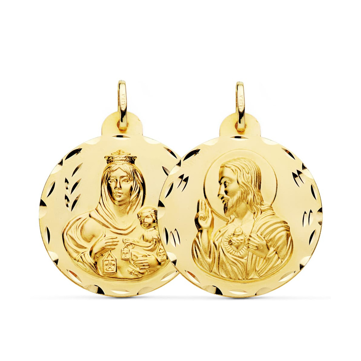 18K ESCAPULARIO ORO AMARILLO TALLADO VIRGEN DEL CARMEN CORAZON DE JESUS 30 MM