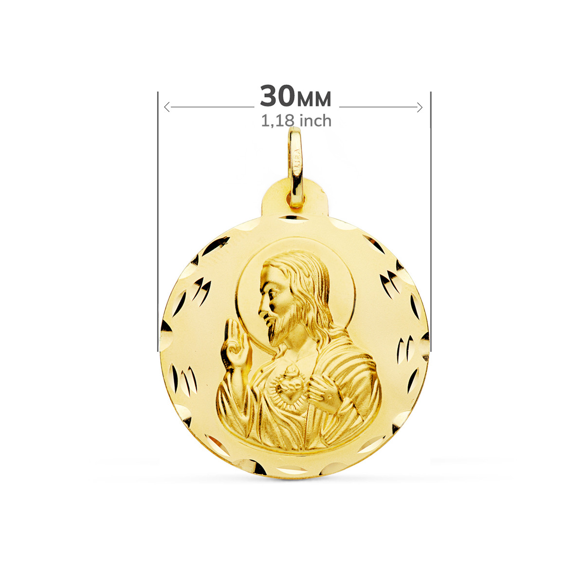 18K ESCAPULARIO ORO AMARILLO TALLADO VIRGEN DEL CARMEN CORAZON DE JESUS 30 MM