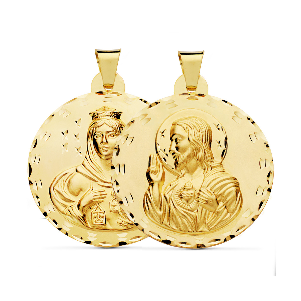 18K ESCAPULARIO ORO AMARILLO TALLADO VIRGEN DEL CARMEN Y CORAZON DE JESUS 42 MM