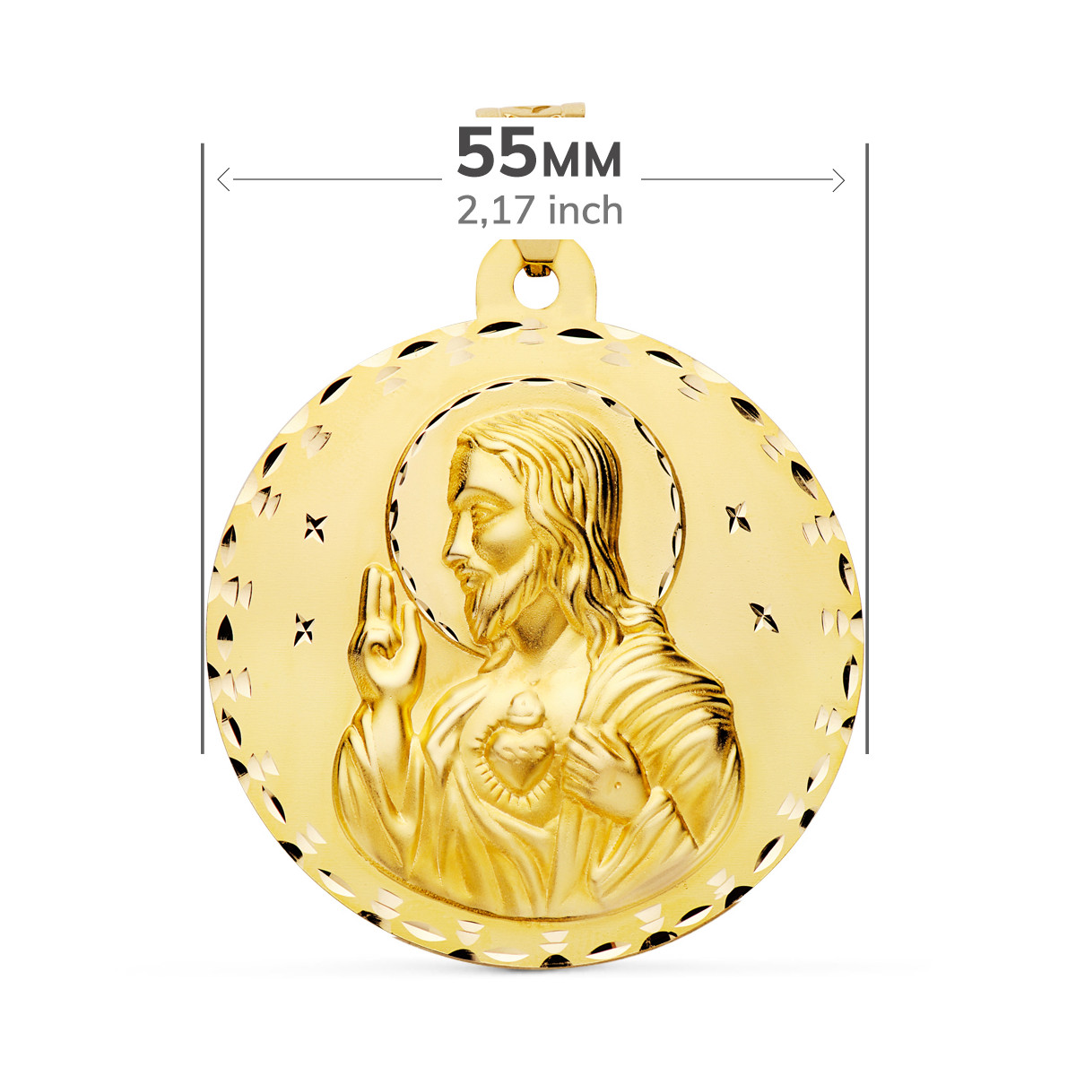 18K MEDALLA ORO AMARILLO ESCAPULARIO ORO AMARILLO TALLADO VIRGEN DEL CARMEN Y CORAZON DE JESUS 55 MM