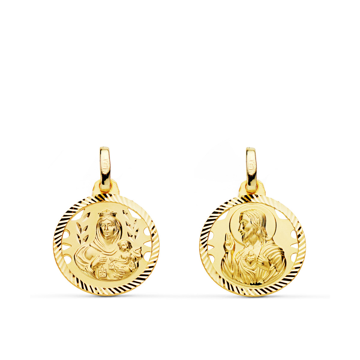 18K ESCAPULARIO ORO AMARILLO HELICE CALADO VIRGEN CARMEN Y CORAZON DE JESUS 16 MM