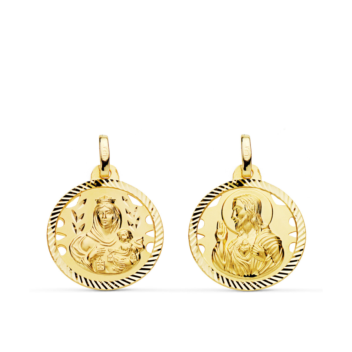 18K ESCAPULARIO ORO AMARILLO HELICE CALADO VIRGEN CARMEN Y CORAZON DE JESUS 18 MM