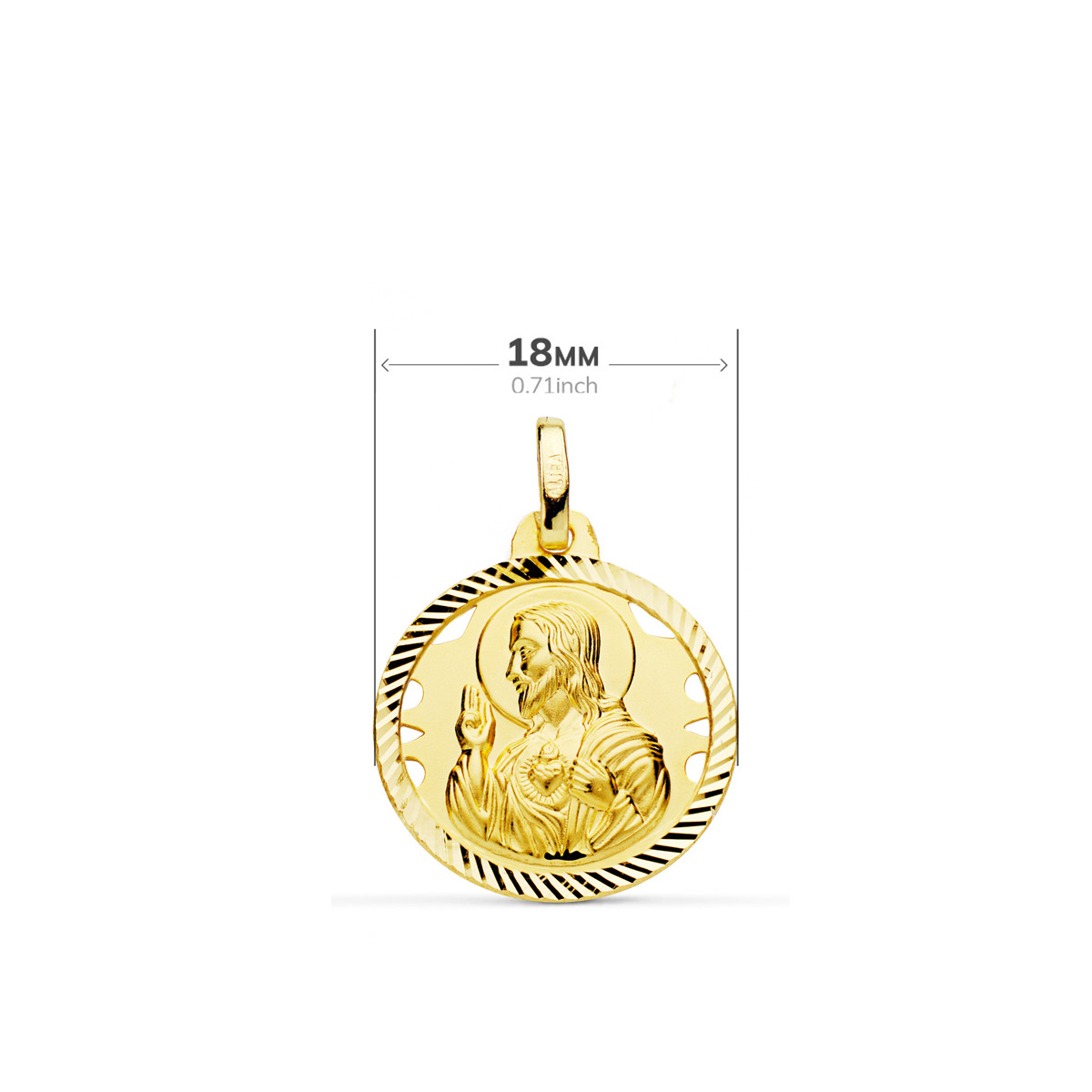 18K ESCAPULARIO ORO AMARILLO HELICE CALADO VIRGEN CARMEN Y CORAZON DE JESUS 18 MM